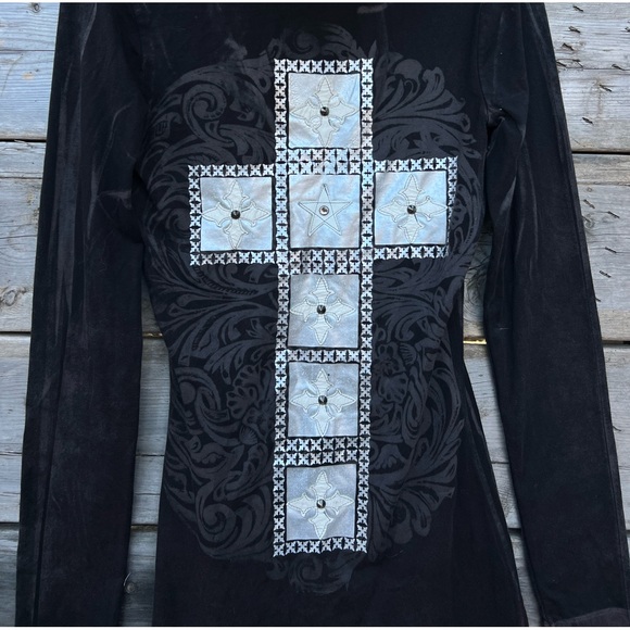 The Saints Sinphony Black Cotton Blend Hooded V-Neck Tunic Women’s Size XL - Picture 6 of 7